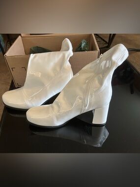 White Patent Mid Heel Ankle Booties